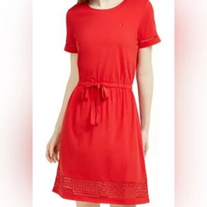 Tommy Hilfiger drawstring-waist eyelet trim red dress, Size: XL